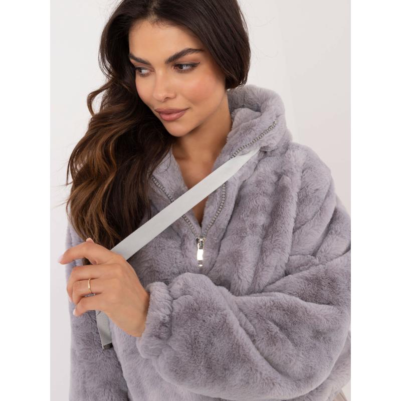 Šedá dámska bunda s umelou kožušinou so zapínaním na zips
