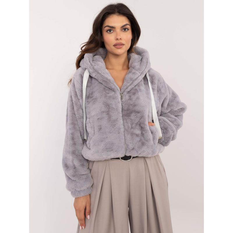 Šedá dámska bunda s umelou kožušinou so zapínaním na zips