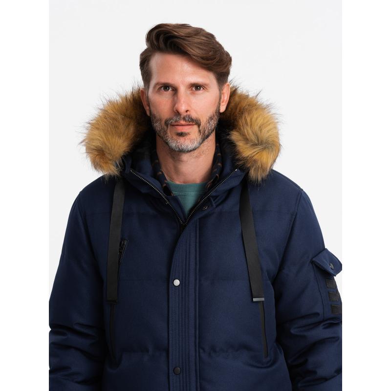 Férfi hosszú szigetelt parka kabát kapucnival - sötétkék V1