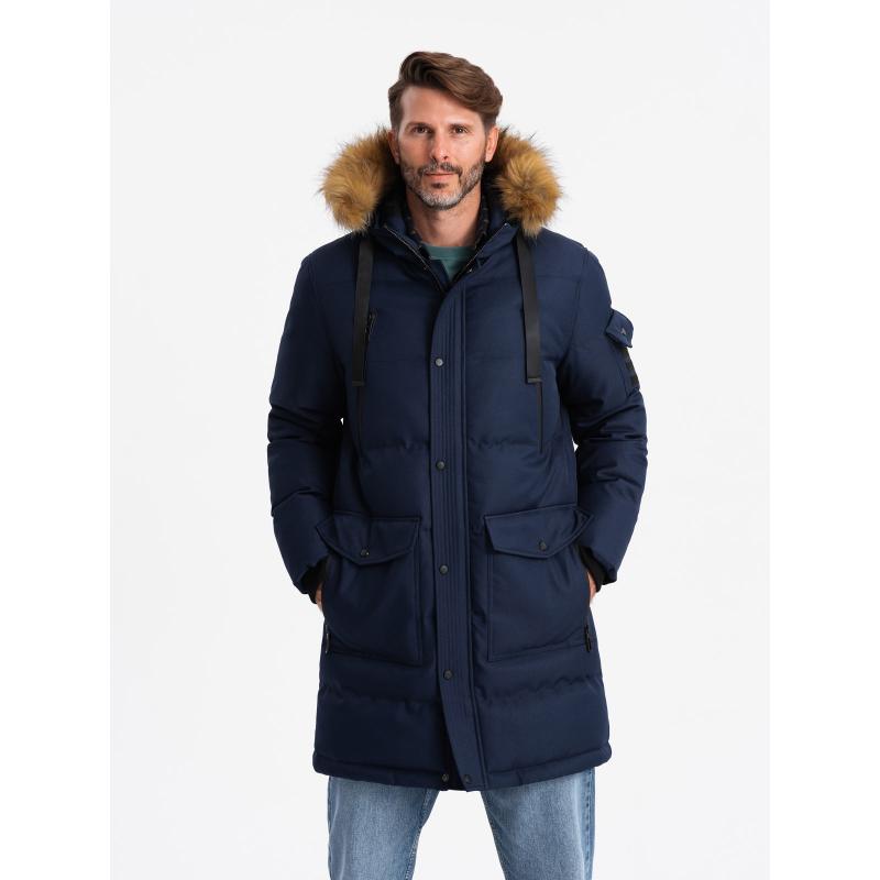 Férfi hosszú szigetelt parka kabát kapucnival - sötétkék V1