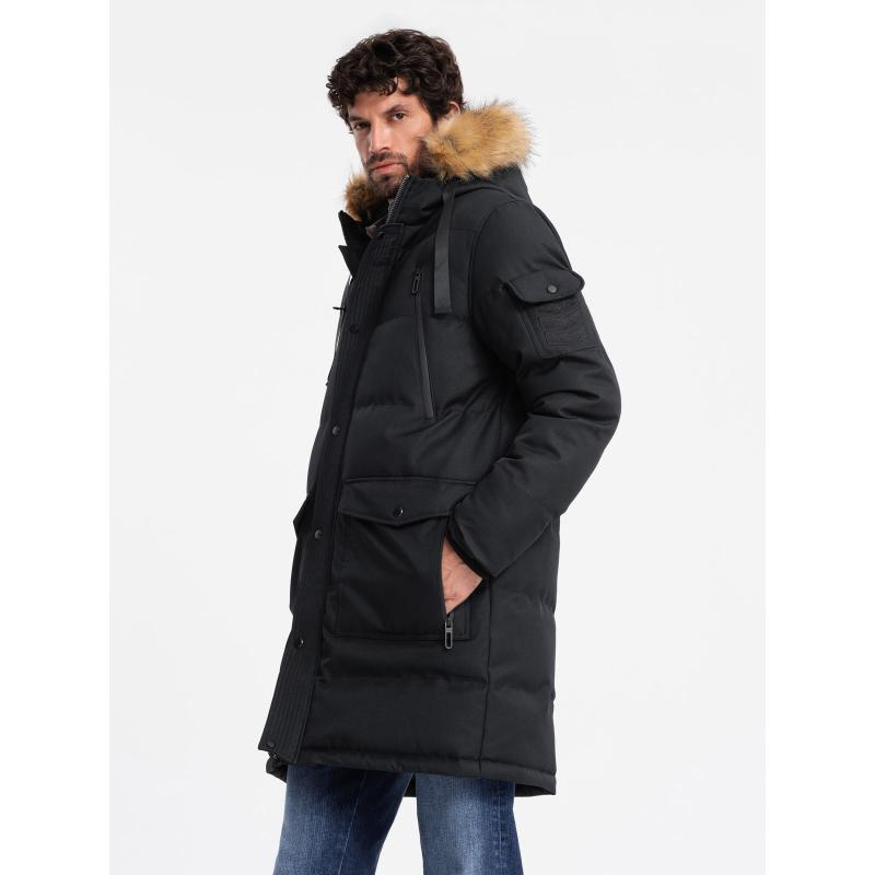 Pánská dlouhá teplá bunda parka s kapucí - černá V2