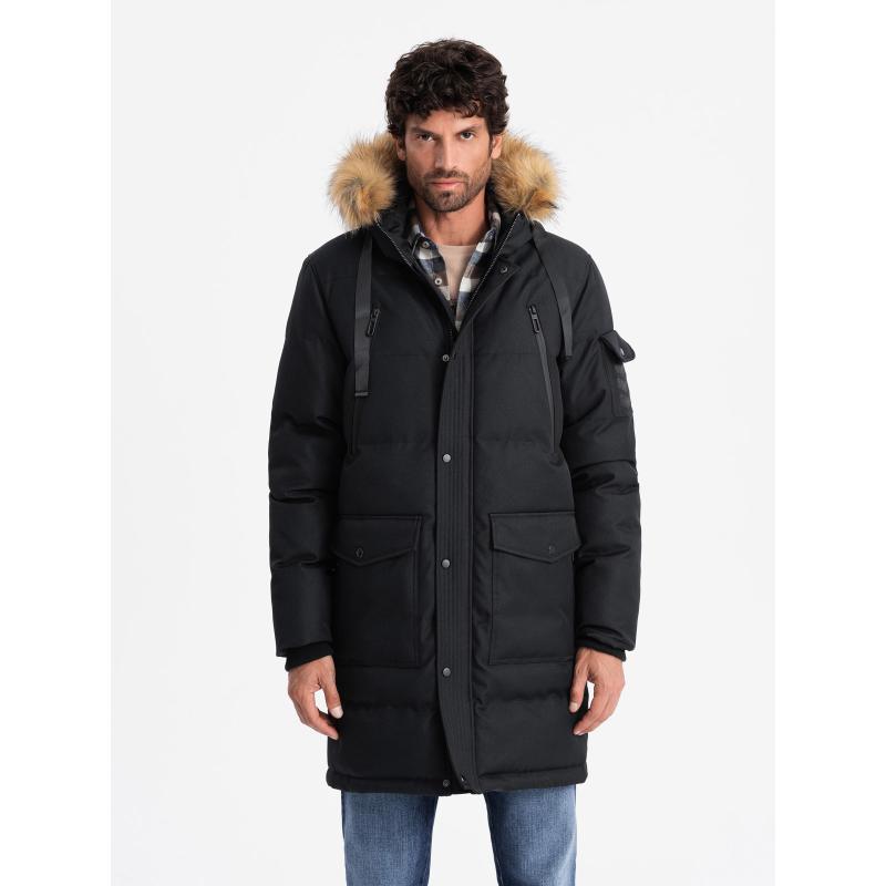 Pánská dlouhá teplá bunda parka s kapucí - černá V2