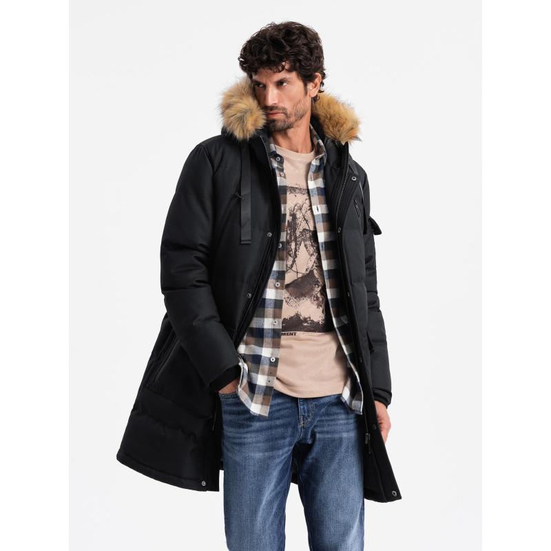 Pánská dlouhá teplá bunda parka s kapucí - černá V2