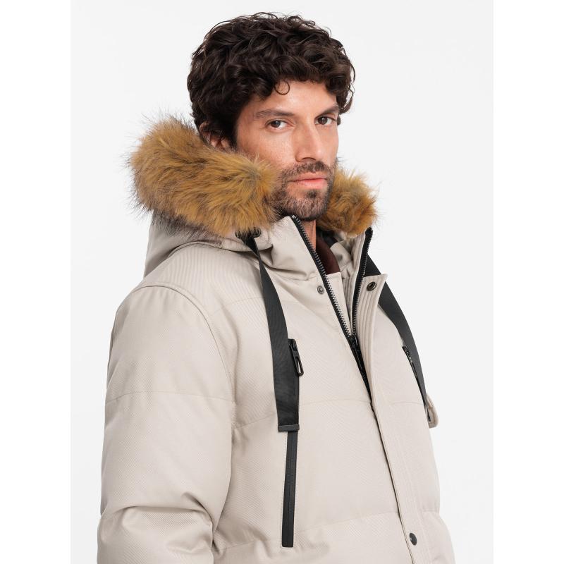 Férfi hosszú meleg parka kabát kapucnival - bézs V5