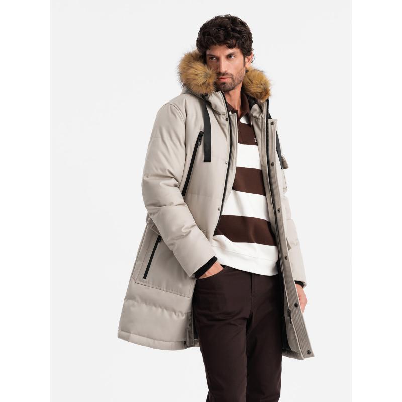 Férfi hosszú meleg parka kabát kapucnival - bézs V5