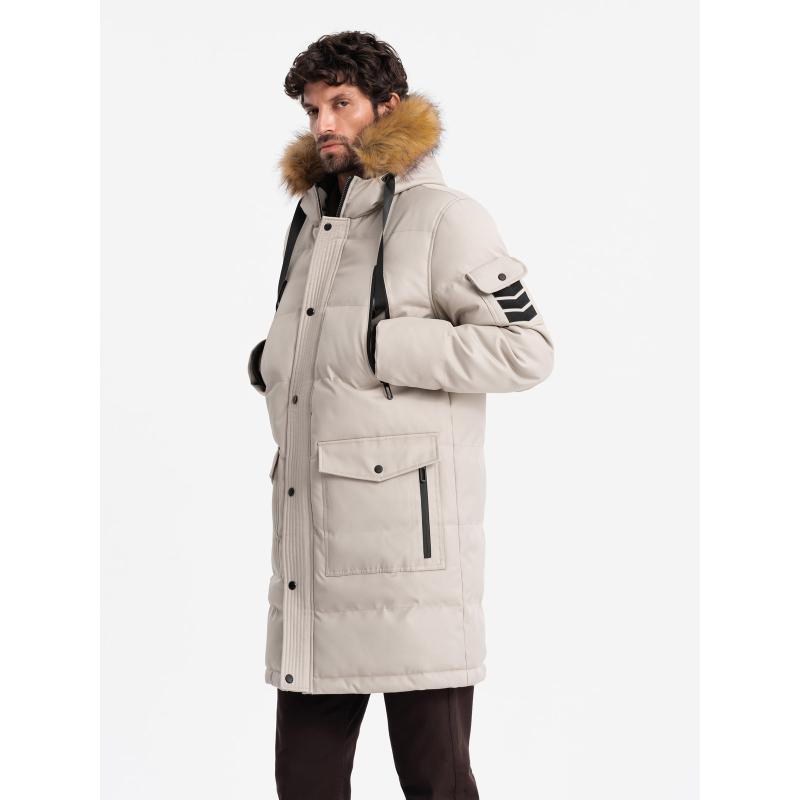 Férfi hosszú meleg parka kabát kapucnival - bézs V5