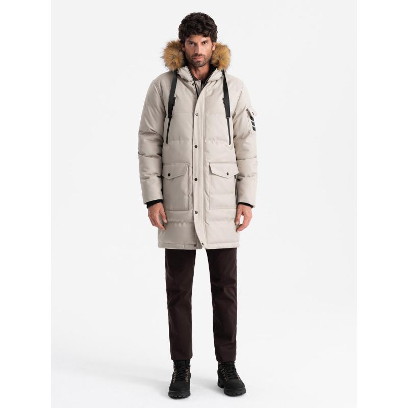 Férfi hosszú meleg parka kabát kapucnival - bézs V5