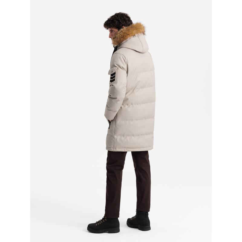 Férfi hosszú meleg parka kabát kapucnival - bézs V5