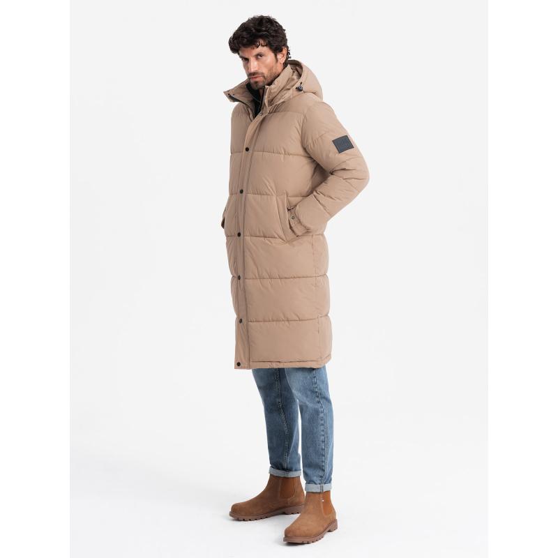 Férfi steppelt hosszú kabát levehető kapucnival - bézs V2
