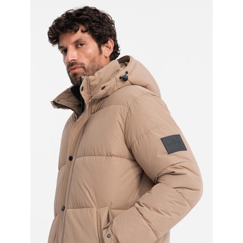 Férfi steppelt hosszú kabát levehető kapucnival - bézs V2