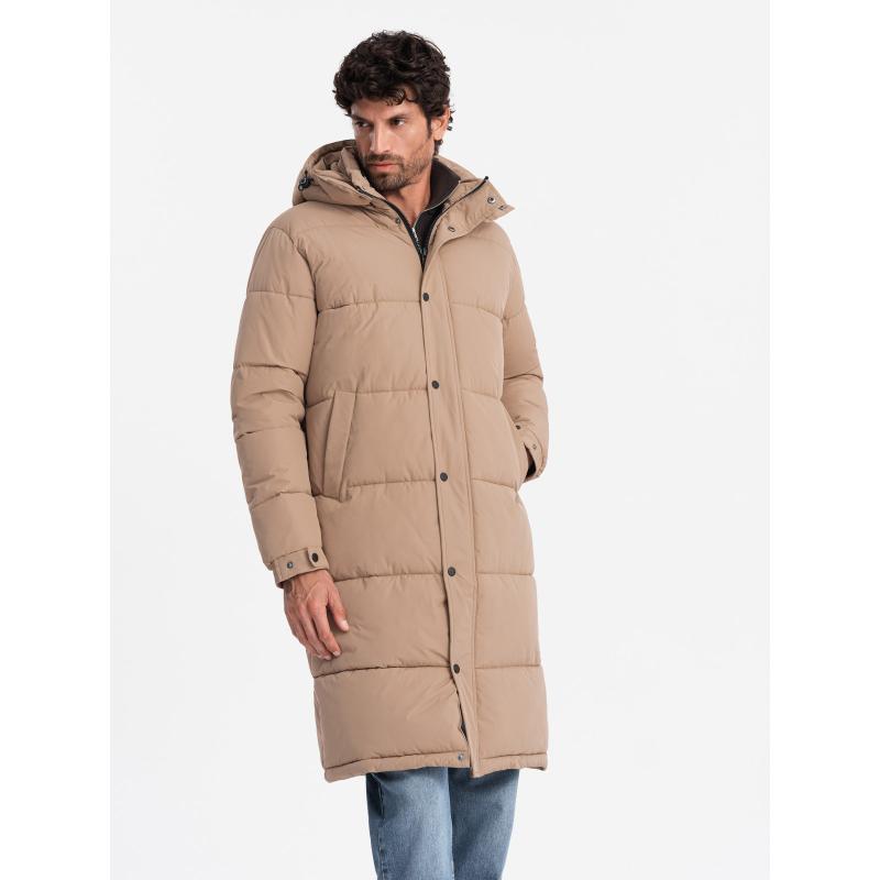 Férfi steppelt hosszú kabát levehető kapucnival - bézs V2