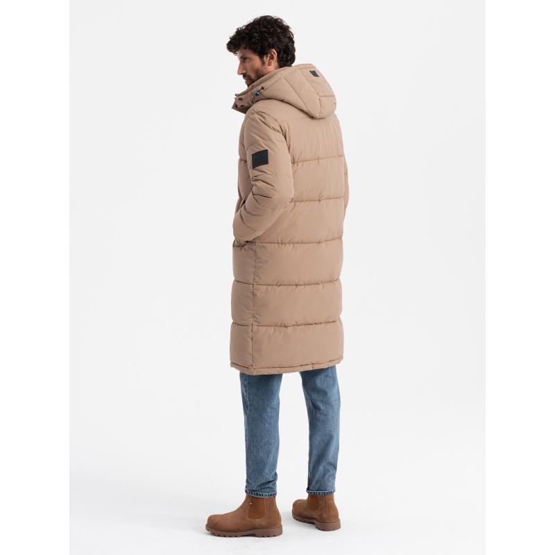 Férfi steppelt hosszú kabát levehető kapucnival - bézs V2
