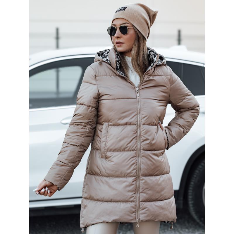 Dámská zimní bunda PURRBREEZ dlouhá prošívaná oboustranná s kapucí velbloudí barva