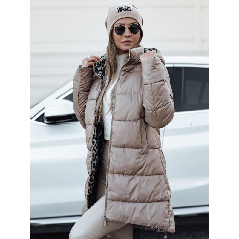 Dámská zimní bunda PURRBREEZ dlouhá prošívaná oboustranná s kapucí velbloudí barva