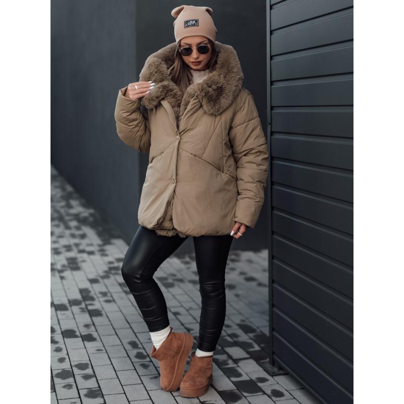 LUNAVI női télikabát steppelt szőrmével világos bézs színben