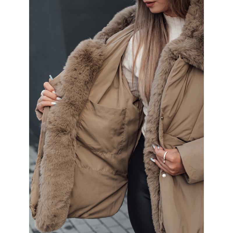 LUNAVI női télikabát steppelt szőrmével világos bézs színben