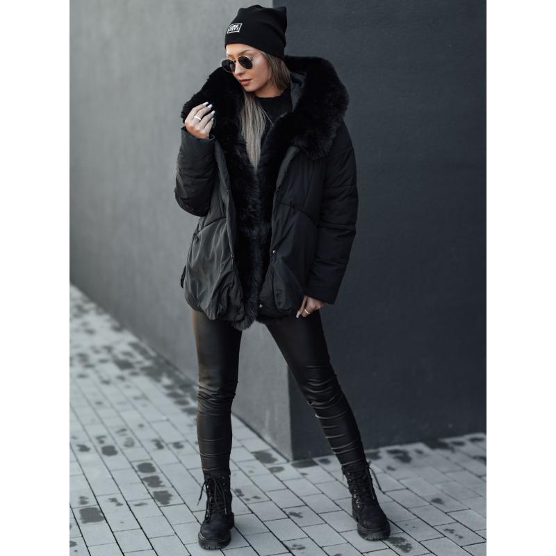 LUNAVI női télikabát steppelt szőrmével fekete