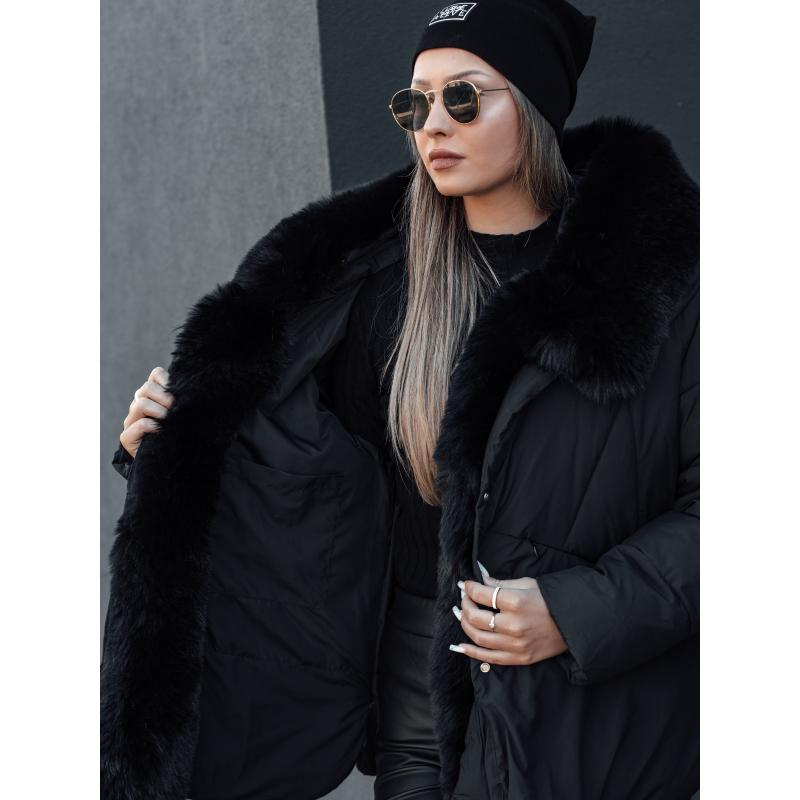 LUNAVI női télikabát steppelt szőrmével fekete