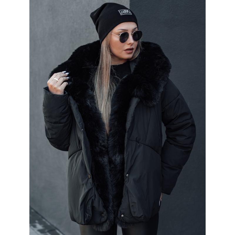 LUNAVI női télikabát steppelt szőrmével fekete