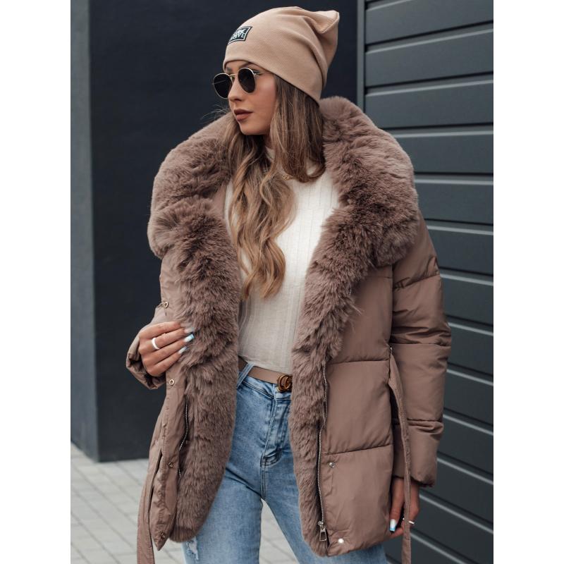 Női télikabát FURSOFT steppelt sötétbézs kapucnival