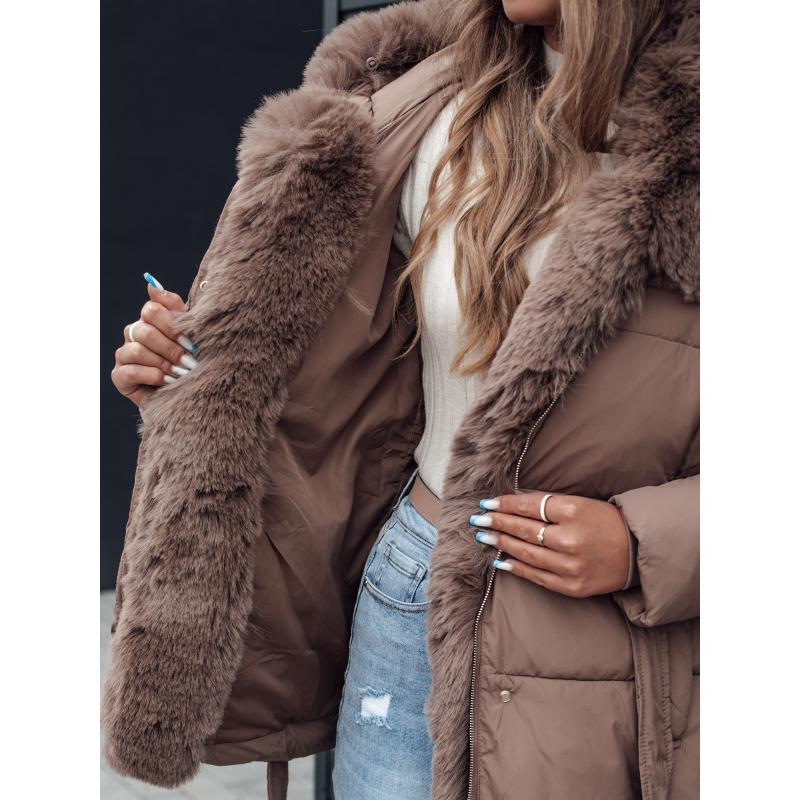 Női télikabát FURSOFT steppelt sötétbézs kapucnival