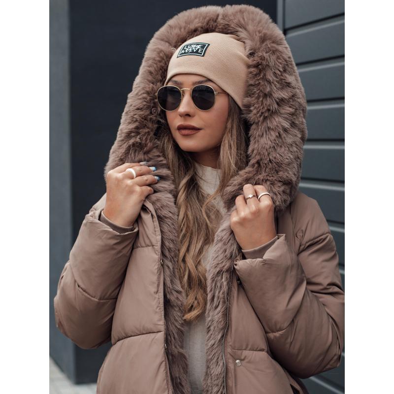 Női télikabát FURSOFT steppelt sötétbézs kapucnival