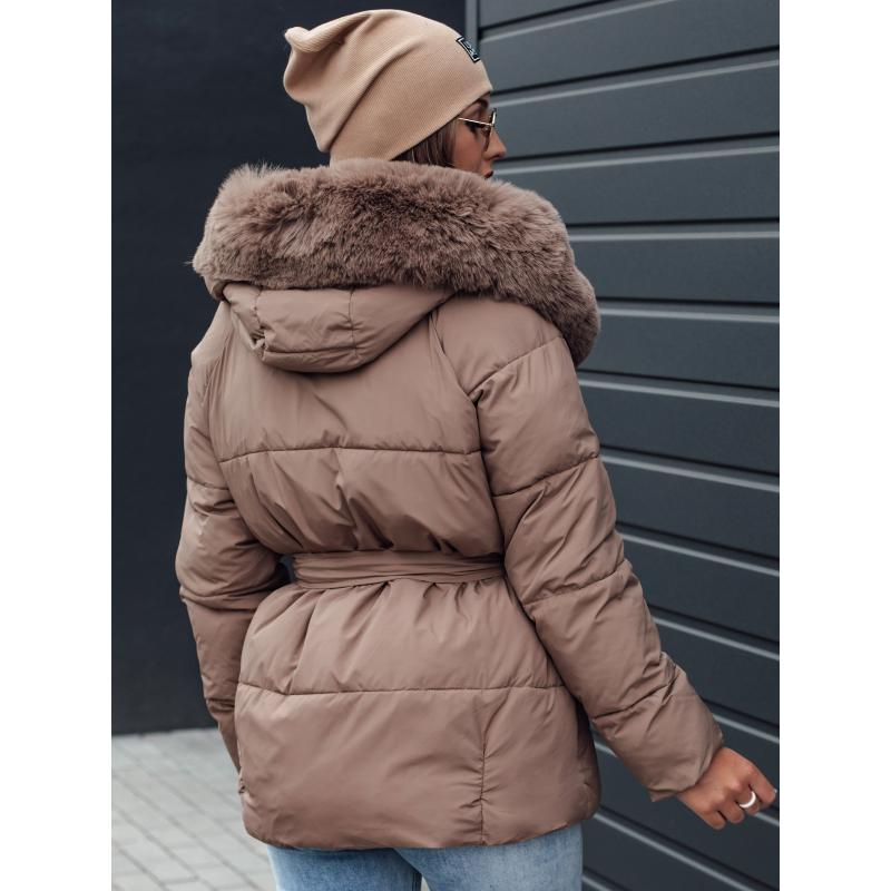 Női télikabát FURSOFT steppelt sötétbézs kapucnival