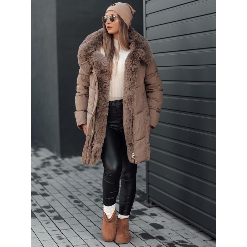 Dámska zimná bunda MORISIO dlhá prešívaná s kapucňou tmavobéžová