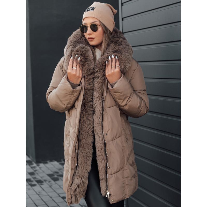 Dámska zimná bunda MORISIO dlhá prešívaná s kapucňou tmavobéžová