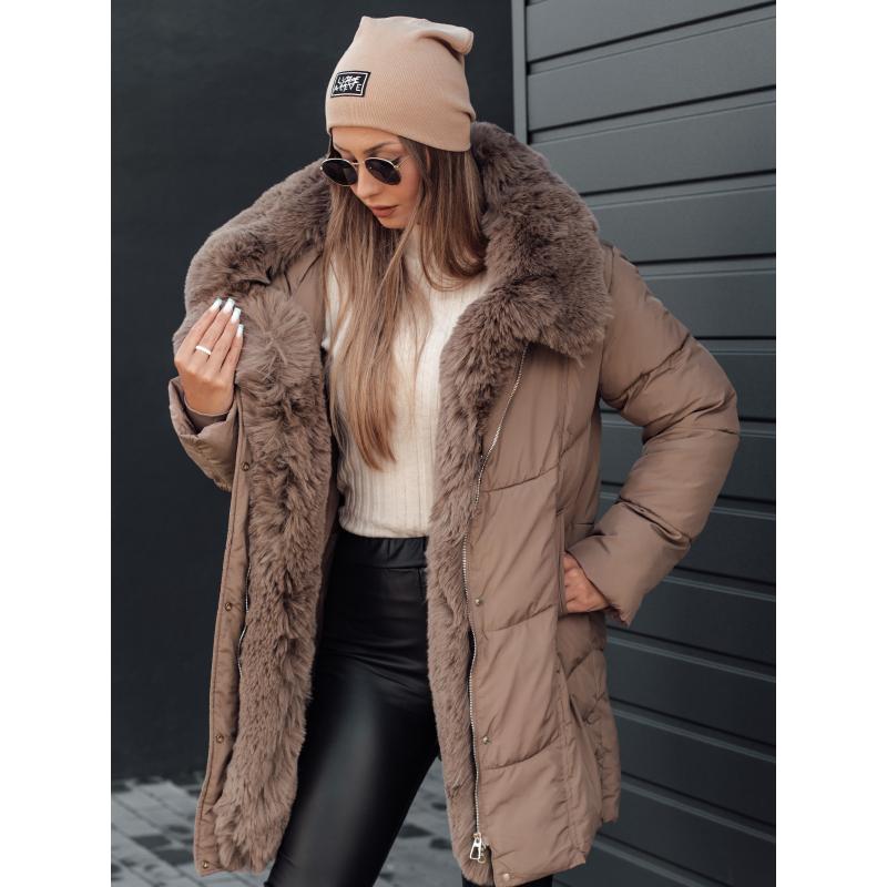 Dámska zimná bunda MORISIO dlhá prešívaná s kapucňou tmavobéžová