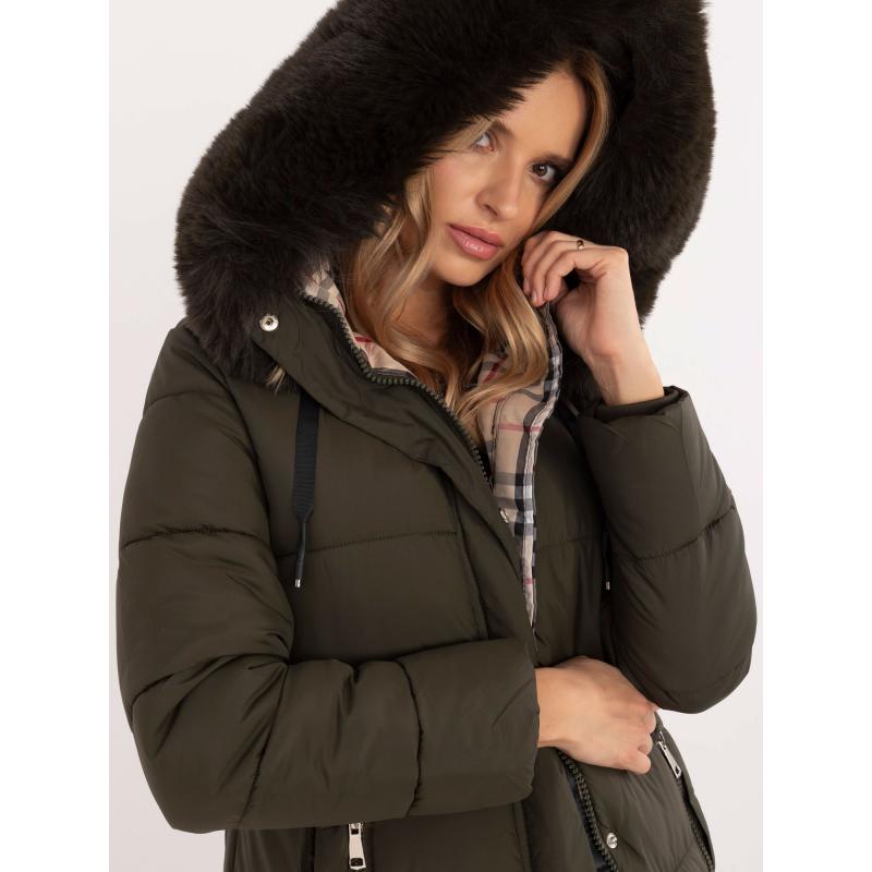 Khaki téli kabát levehető kapucnival