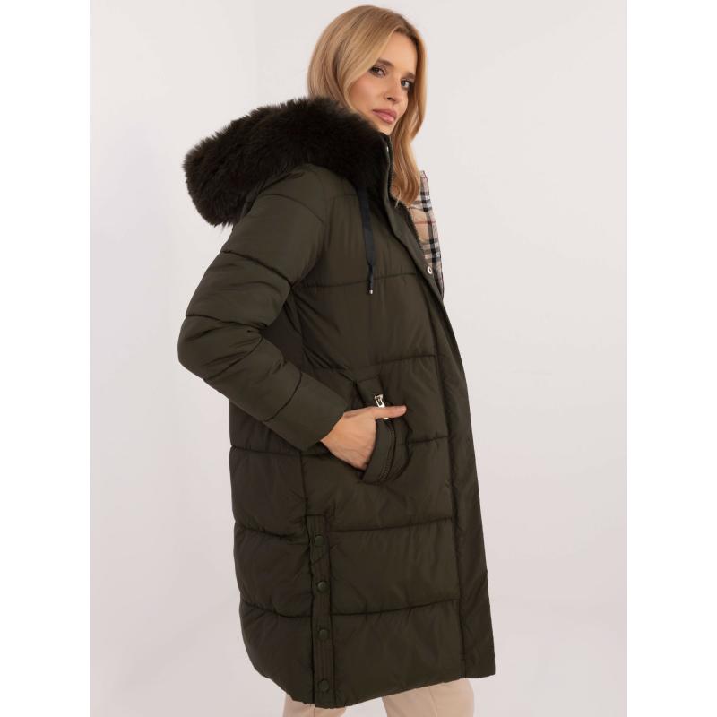 Khaki téli kabát levehető kapucnival