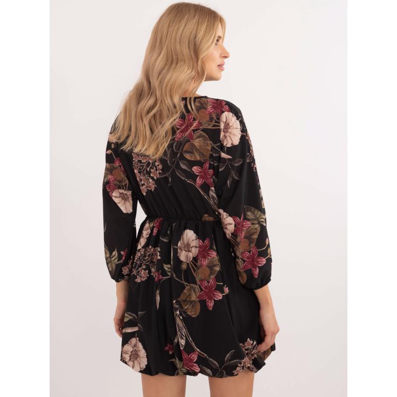 Fekete mintás miniruha elasztikus derékszíjjal