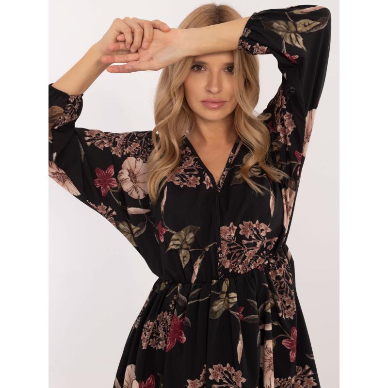 Fekete mintás miniruha elasztikus derékszíjjal