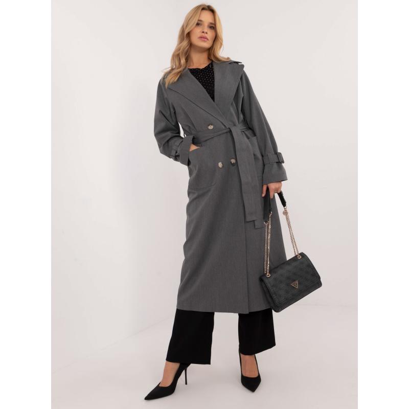 Tmavě šedý dlouhý kabát s kapsami