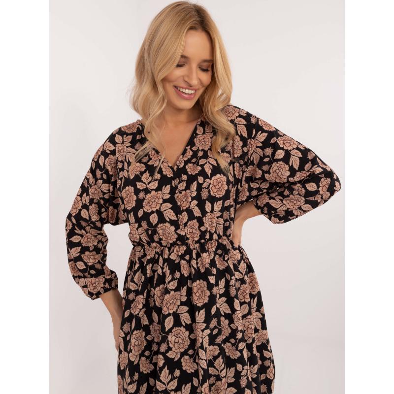 Béžovo-černé květované šaty s dlouhým rukávem