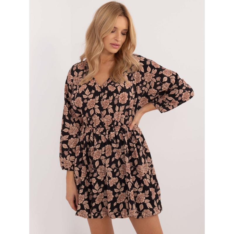 Béžovo-černé květované šaty s dlouhým rukávem
