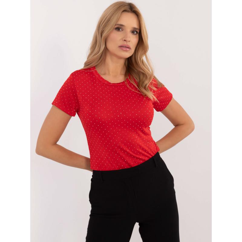 Červená dámská společenská halenka s kamínky