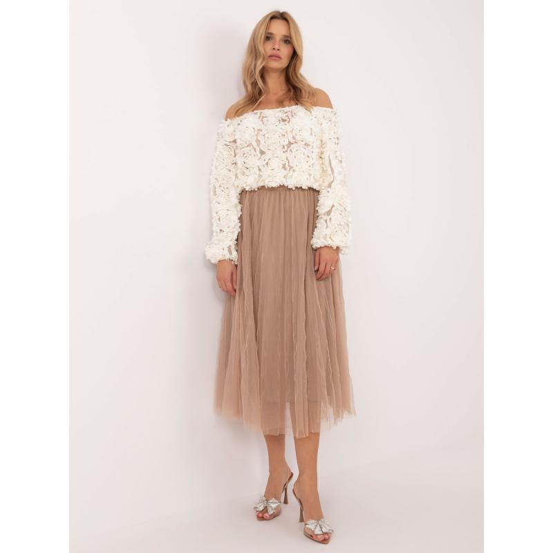 Tüllszoknya tüllszegéllyel, camel színű midi szoknya