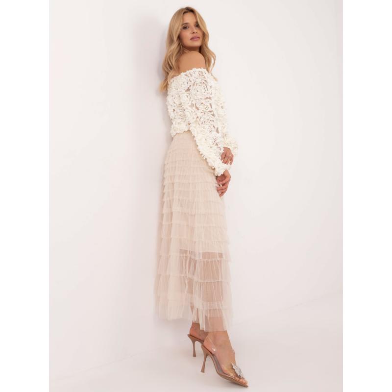 Béžová midi tylová sukňa s volánmi