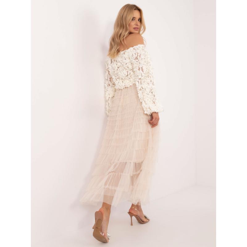 Béžová midi tylová sukňa s volánmi
