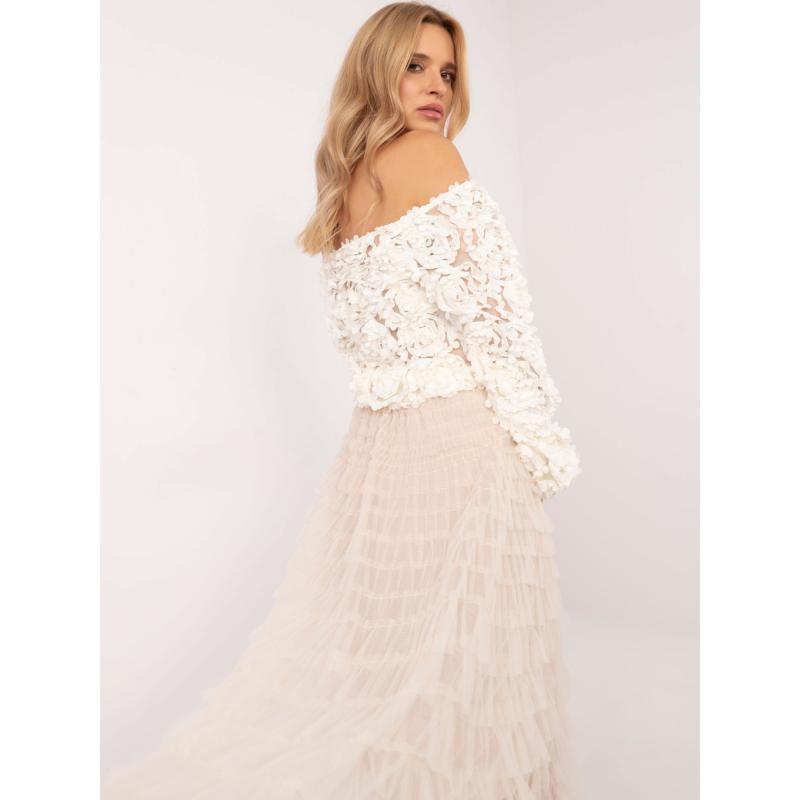 Béžová midi tylová sukňa s volánmi