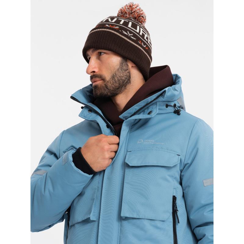 Pánská zateplená dlouhá bunda s reflexními prvky - modrá V4