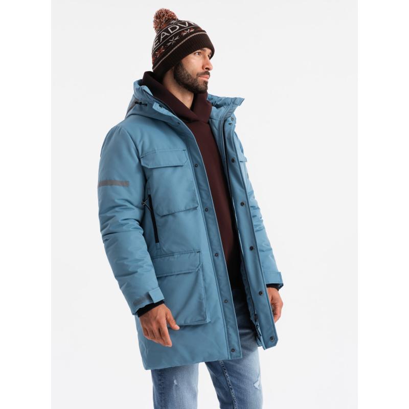 Pánská zateplená dlouhá bunda s reflexními prvky - modrá V4