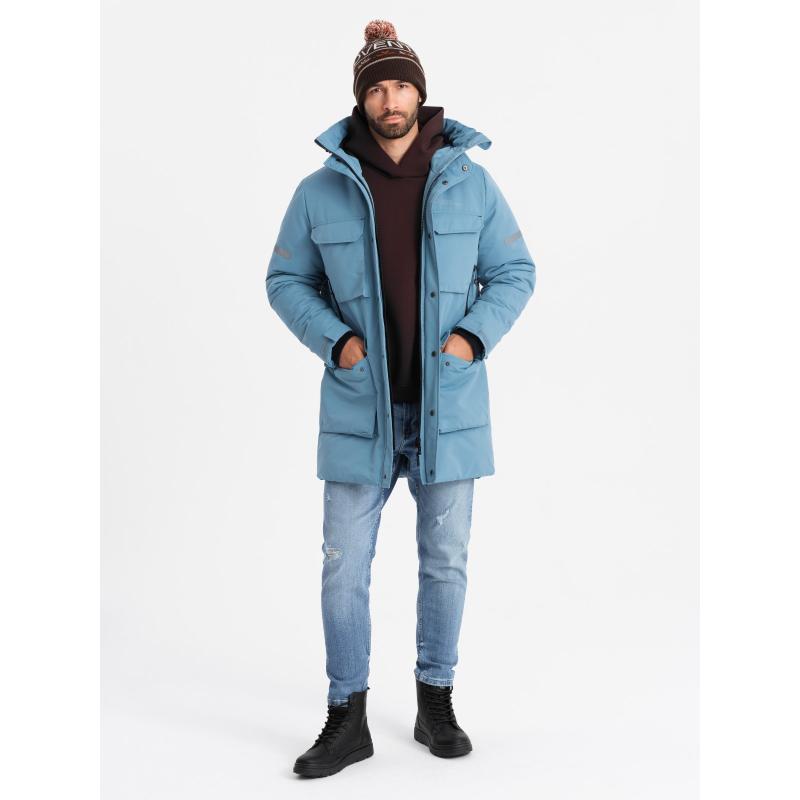 Pánská zateplená dlouhá bunda s reflexními prvky - modrá V4