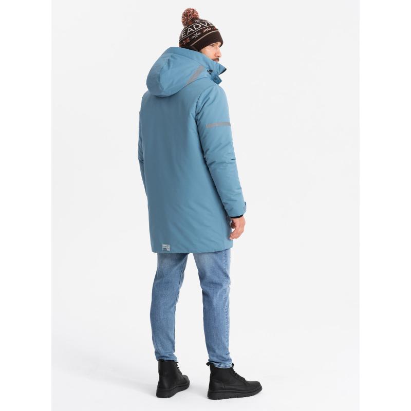 Pánská zateplená dlouhá bunda s reflexními prvky - modrá V4