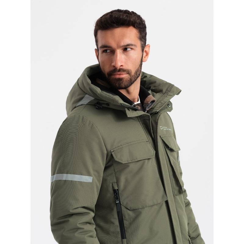 Pánská zateplená dlouhá bunda s reflexními prvky - olivová V3