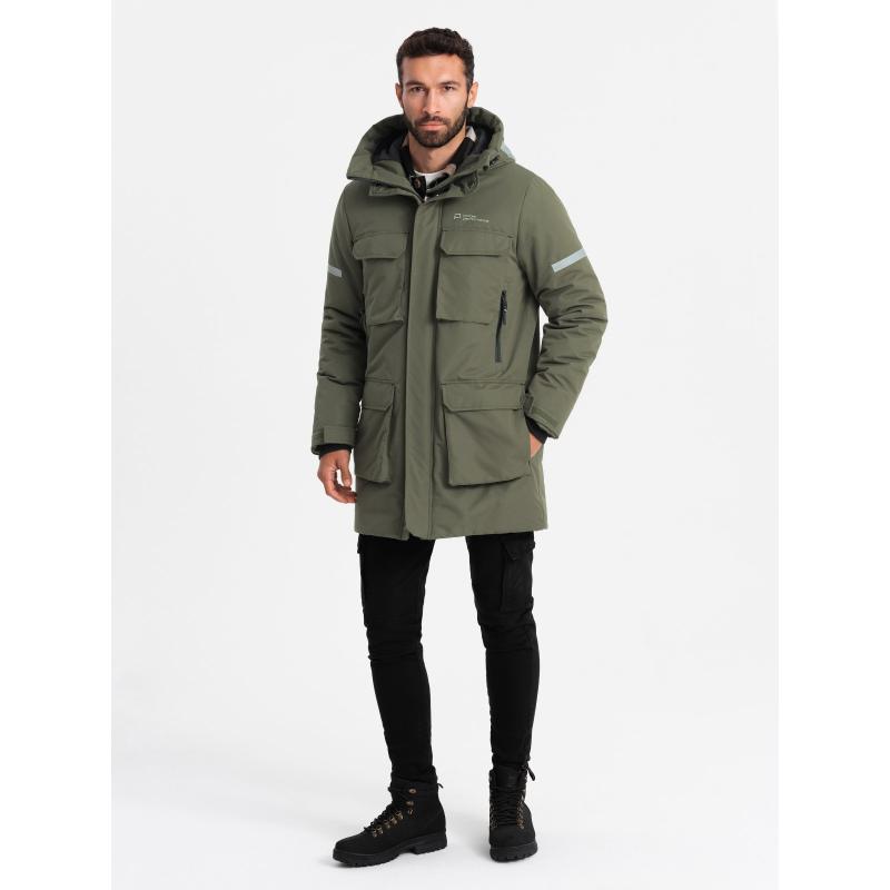 Pánská zateplená dlouhá bunda s reflexními prvky - olivová V3