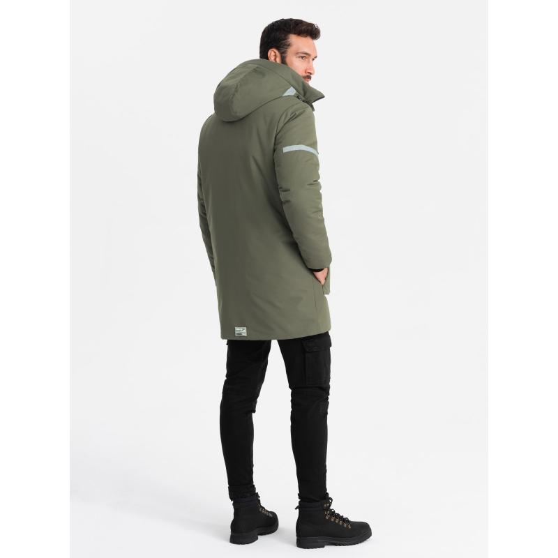 Pánská zateplená dlouhá bunda s reflexními prvky - olivová V3
