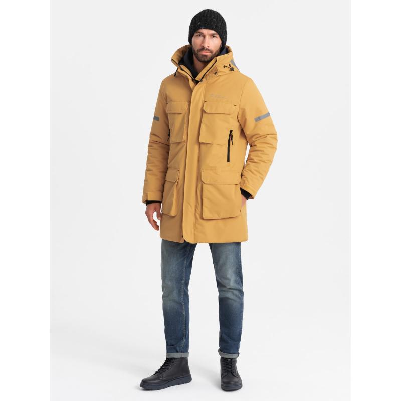 Pánská dlouhá zateplená bunda s reflexními prvky - žlutá V2